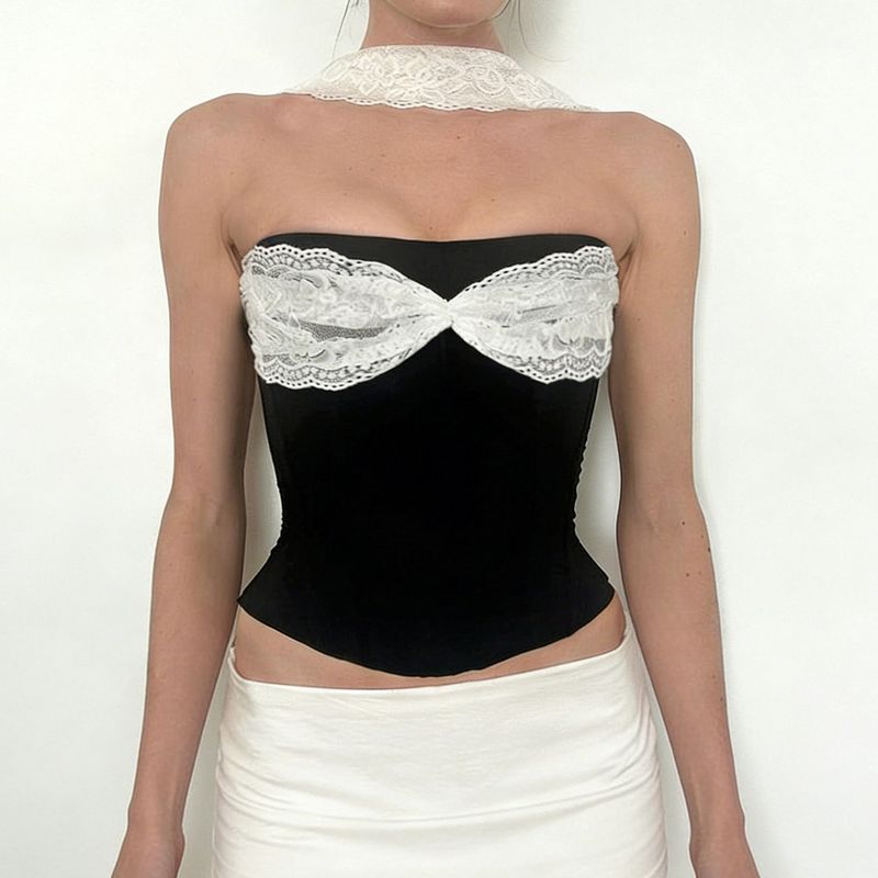 2026 Summer French Elegant Ladylike Fashion Strapless Vest Lace Patchwork Sexy Halter Color-Block Top