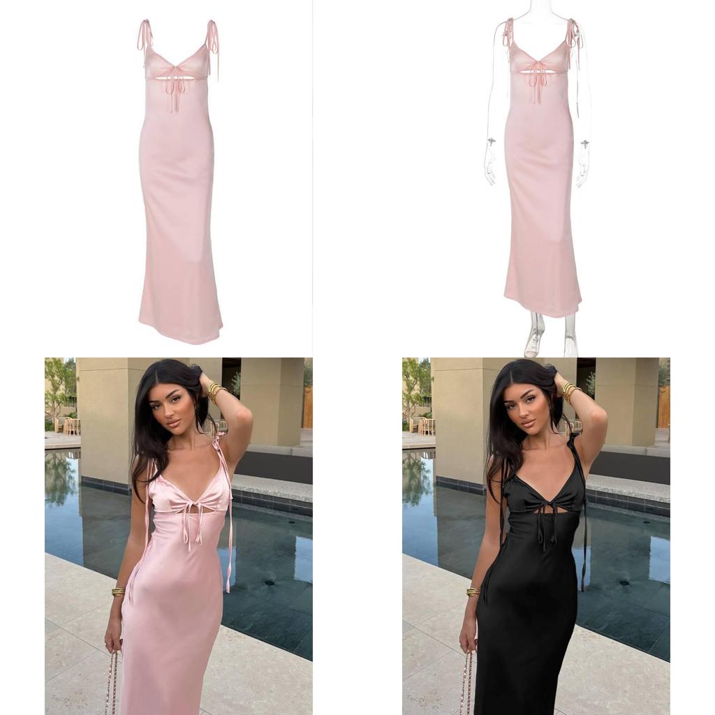 Summer Pink V Neck Slip Dress With Ties For Casual And Party Wear