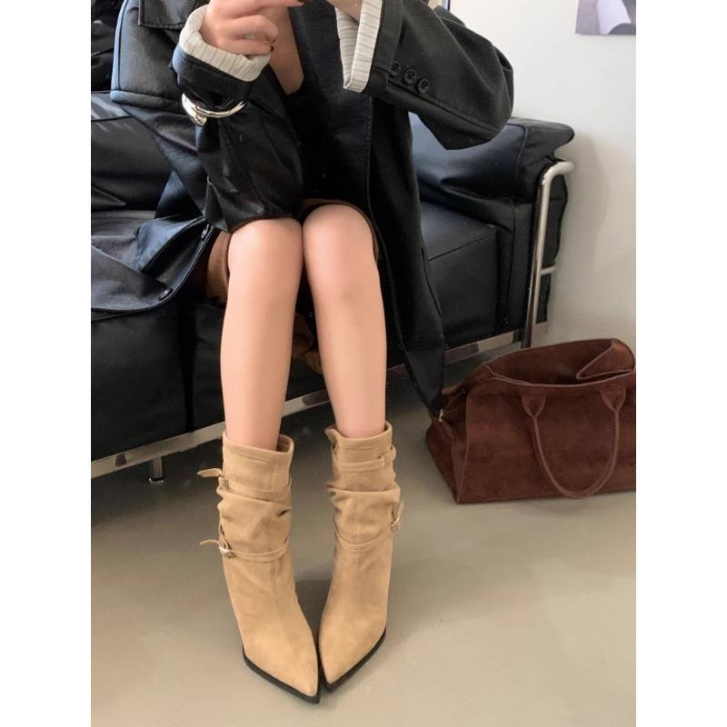 Autumn and winter new retro pointed thin heel short boots women's suede pleated piled boots high heel western boots