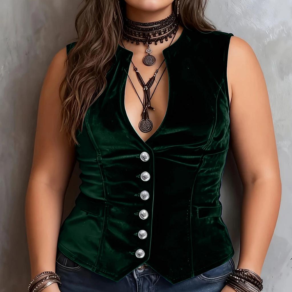 Women's Plus Size Velvet V-Neck Button Sleeveless Blouse