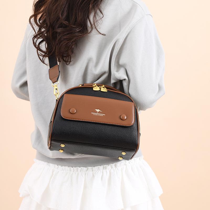 Women's PU leather top handle crossbody bag with multiple pockets, stylish contrasting color matching, and simple shoulder bag