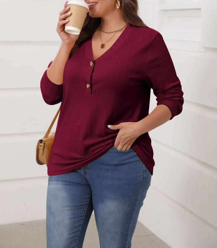Haut tunique décontracté pour femme grande taille, couleur unie, tricot torsadé, col en V, demi-boutonnage, manches longues, ourlet incurvé