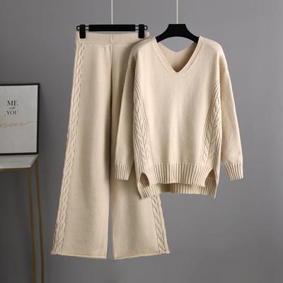 Autumn and Winter Women's Sweater Set Knitted Wide Leg Pants Sweater Set Loose Thick Fashion Temperament Two Piece Set