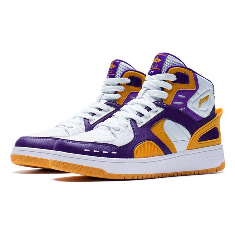 Li Ning Leder Dämpfung Rückprall Mittelhohe Performance Basketballschuhe Herren Weiß Lila Orange ABCS063-2