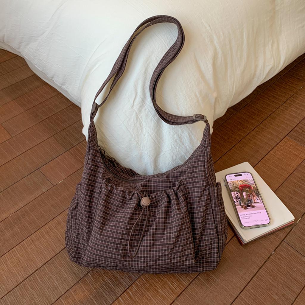 Women Checkered Sling Bag Nylon Drawstring Crossbody Bag Pleated Shoulder Bag Shopping Date Retro Casual Women's Handbag