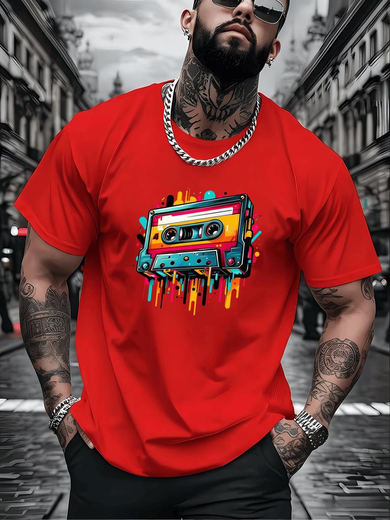 Unisexs Crew Neck Graffiti Drip Cassette Tape Graphic Print Short Sleeve Cotton Tee Casual Summer Streetwear Loose Daily Wear Top