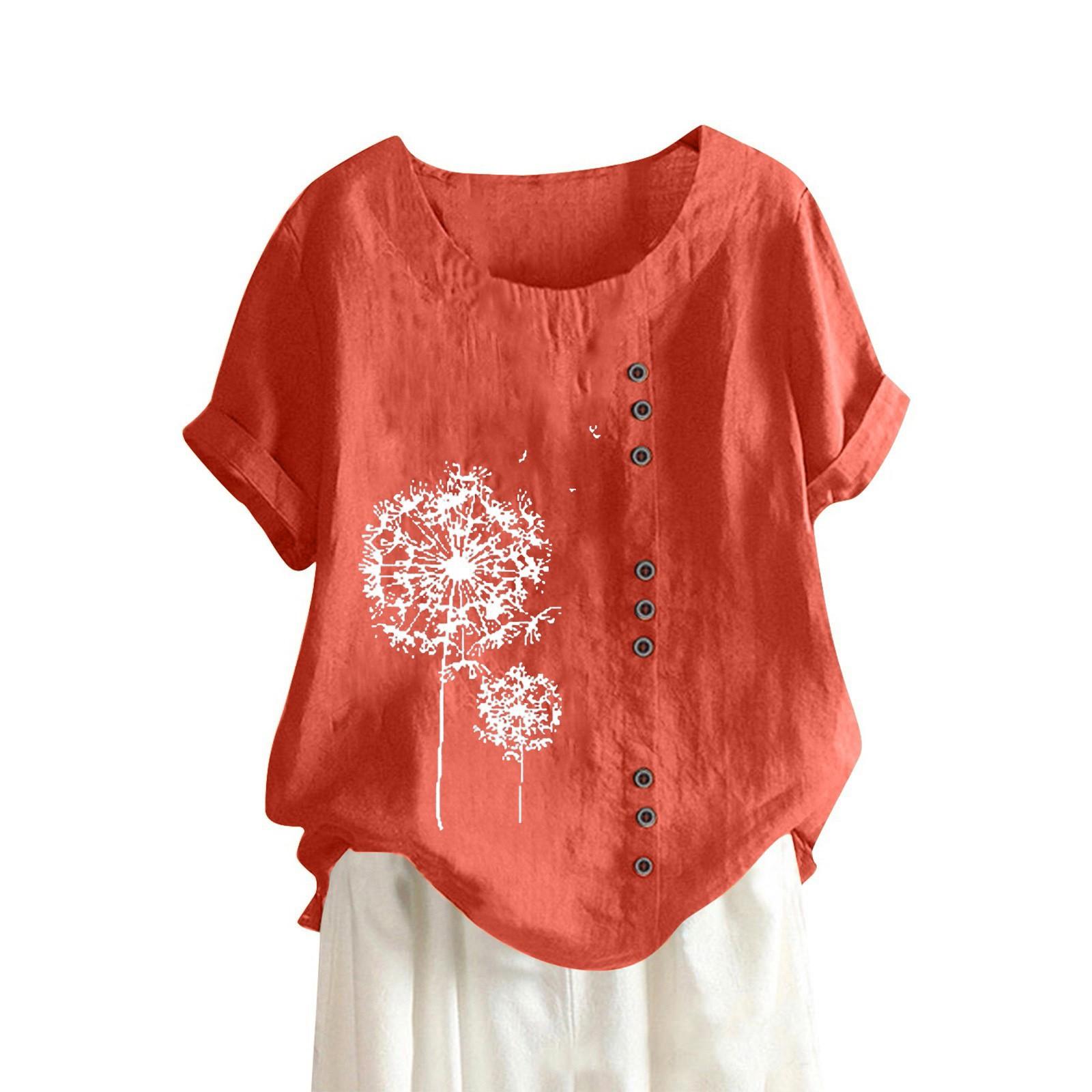 Женская хлопково-льняная летняя и ретро повседневная свободная хлопково-льняная футболка с коротким рукавом S оранжевый