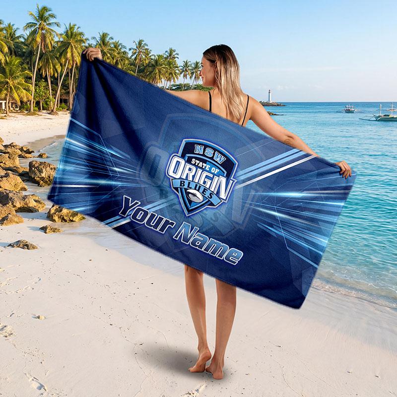 NSW Blues Customized Name Text Beach Towel, Soft Absorbent Towel Beach Pool Travel Personal Gift