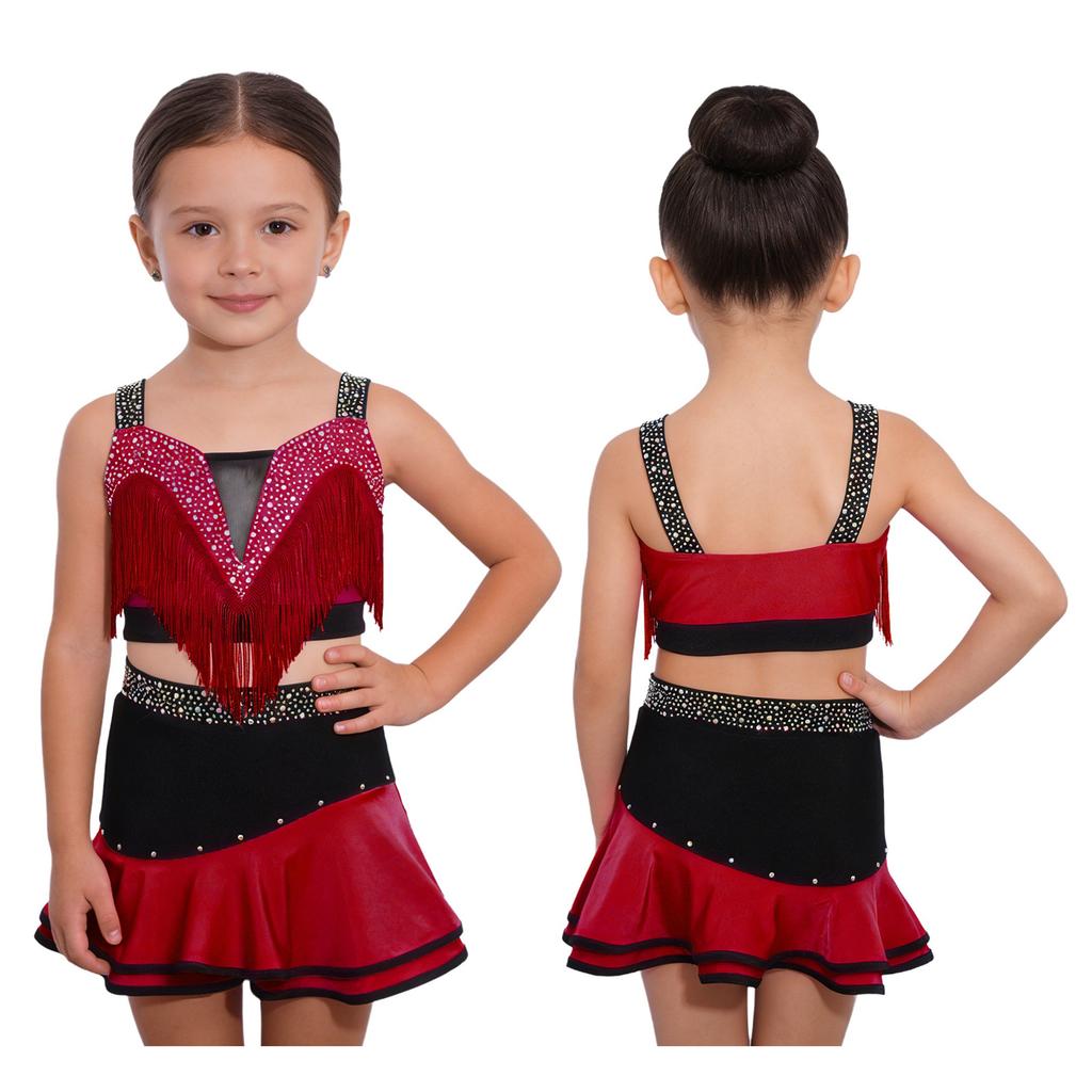Kinder Mädchen Farbblock Latin Dance Crop Top Breite Schulterträger Quasten Strasssteine mit elastischem Bund Rock für Tango Rumba Gesellschaftstanz Performance