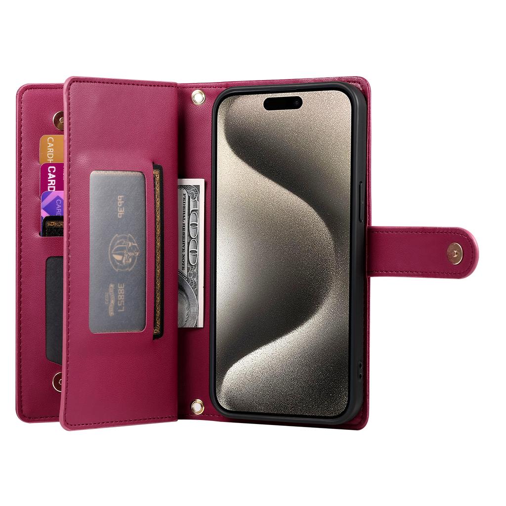 DF-011 For iPhone 15 Pro Max Leather Case Zipper Wallet Crossbody Phone Cover Stand View
