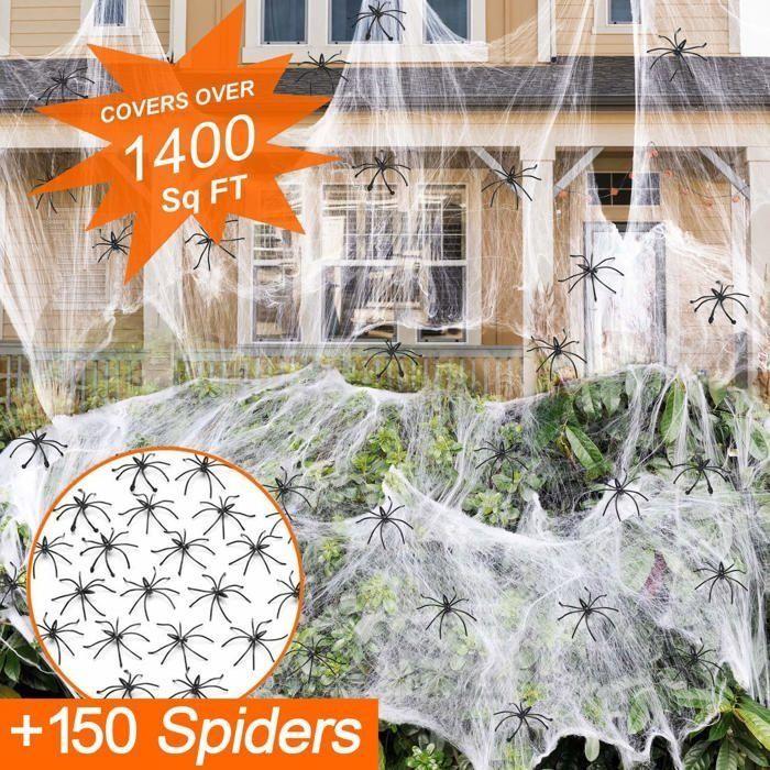 Kit de décoration - AIMOONSA - Kit de toile d'araignée Halloween - 150 araignées - Couvre 130 m² - Ultra-extensible