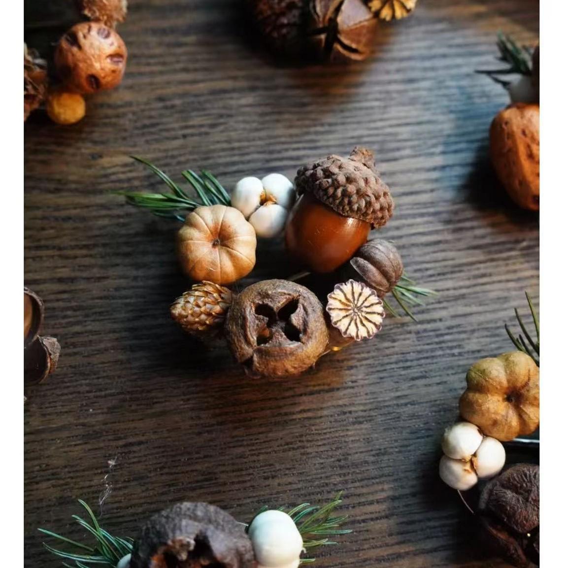 

Real, dried , eternal life , chest flowers, forest fruit brooch, warm autumn outdoor lawn wedding as picture