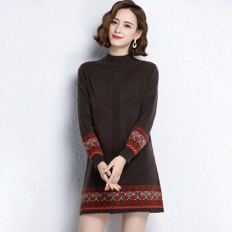 Autumn&Spring Half High Neck Knitted Sweater Dress Women's Loose Long Pullover Ethnic Style Retro Bottom Shirt Female