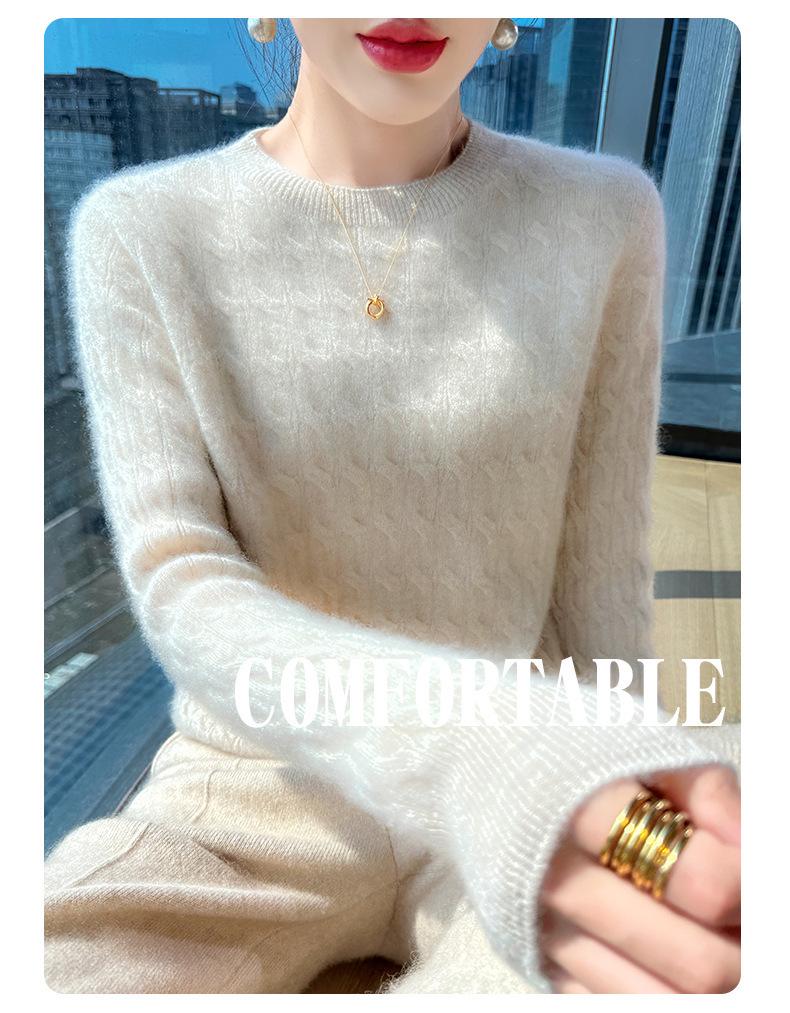 Women's Cashmere Sweater - Autumn Winter Solid Color Jacquard Round Neck Loose Knit