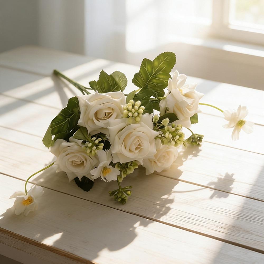 

5 Heads Roses Artifiical Flower Branch Flexible Stems with Green Leaves Roses Fake Flower 28cm Height Simulation Flower білий