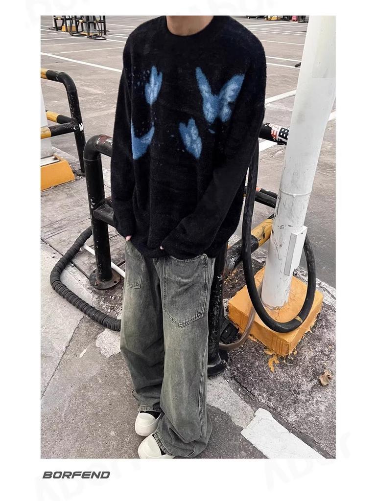 Unisex Butterfly Round Neck Sweater - Trendy, Soft & Fluffy Knit for Winter