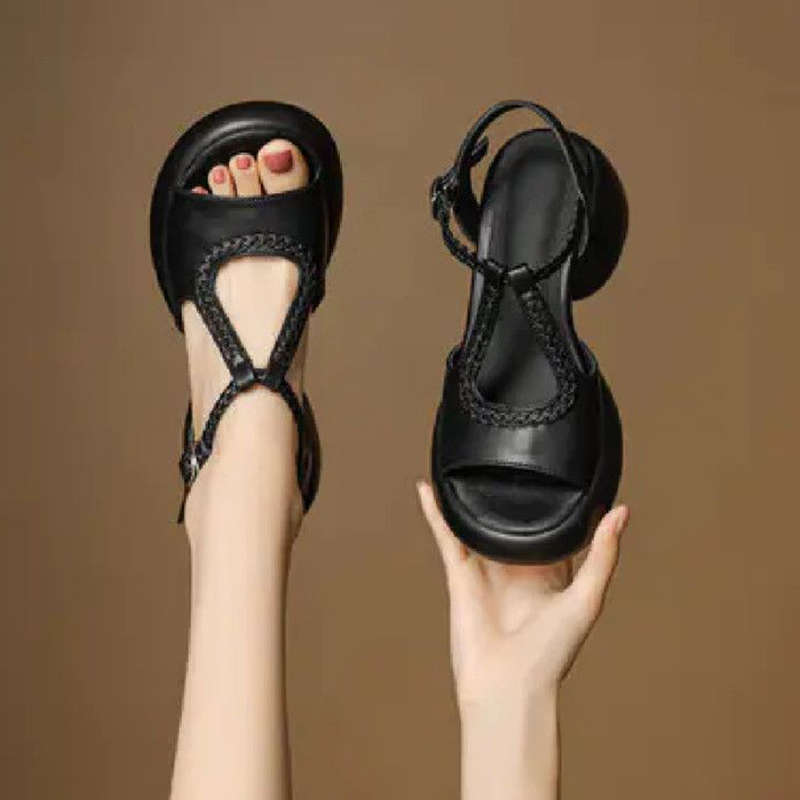 Fairy wind thick-soled thick-heeled sandals summer new woven versatile soft-soled high-heeled fish-mouth shoes