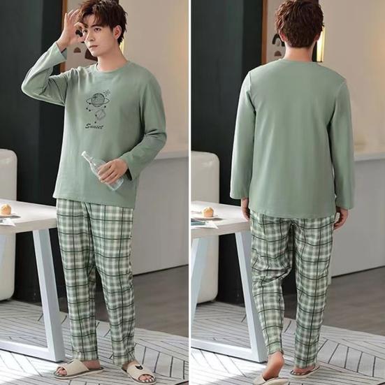 2-teiliges Pyjama-Set für Herren, Rundhalsausschnitt, langärmelig, gestreiftes Print-Oberteil, elastische Taille, lange Hosen, Home Loungewear-Set