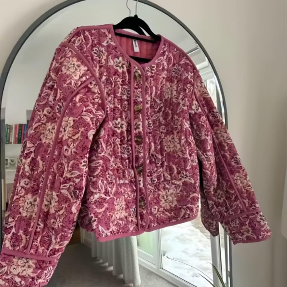 VAYLA Schicke Damen Baumwolljacken mit floralem Druck Elegant Einreihig Stehkragen Lässige Mäntel Herbst Winter Damen Stepp-Oberbekleidung