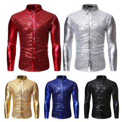 Revers Langarm einreiher Slim Fit Bühne Hemd Männer Glänzende Pailletten Bühne Show Hemd Streetwear
