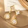 New High-End Mother-of-Pearl Four-Leaf Clover Geometric Earrings, Copper Plated with Real Gold