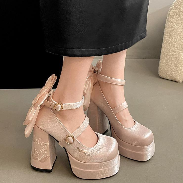 Fashion Women High Heel Shoes Lolita Pumps Fashion Spring Autumn Ladies Outdoor Retro Bow Mary Jane French Elegant 6-8cm High Heels
