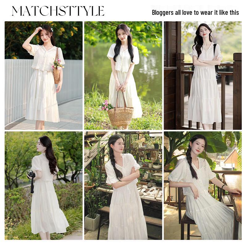 Xiangying Women's Bohemian Vacation White Dress Two-Piece Set