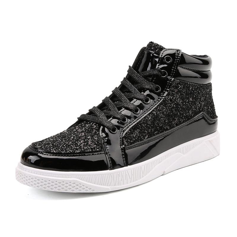 Mode Paljetter Läder Guld Platå Sneakers Tjock Sula Lyx Herr Höga Skor Höstmode Casual Sportskor Stor Storlek 46