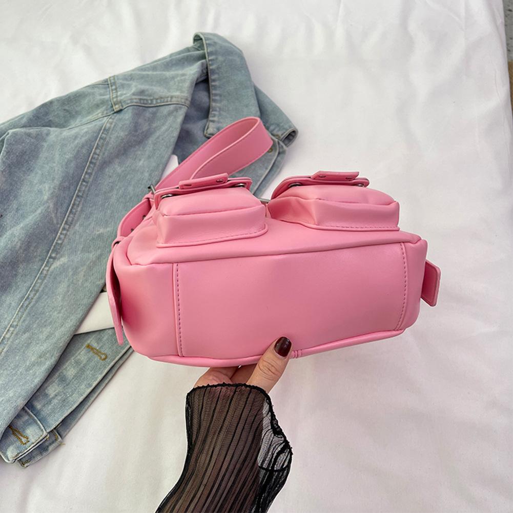 Women Shoulder Bag with Double Pockets PU Leather Crescent Bag Hobo Bag (Pink)