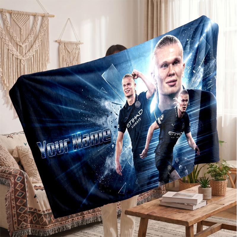 Erling Haaland Personalized Fleece Blanket With Football Logo, Custom Name Text Soft Warm Home Throw Blanket