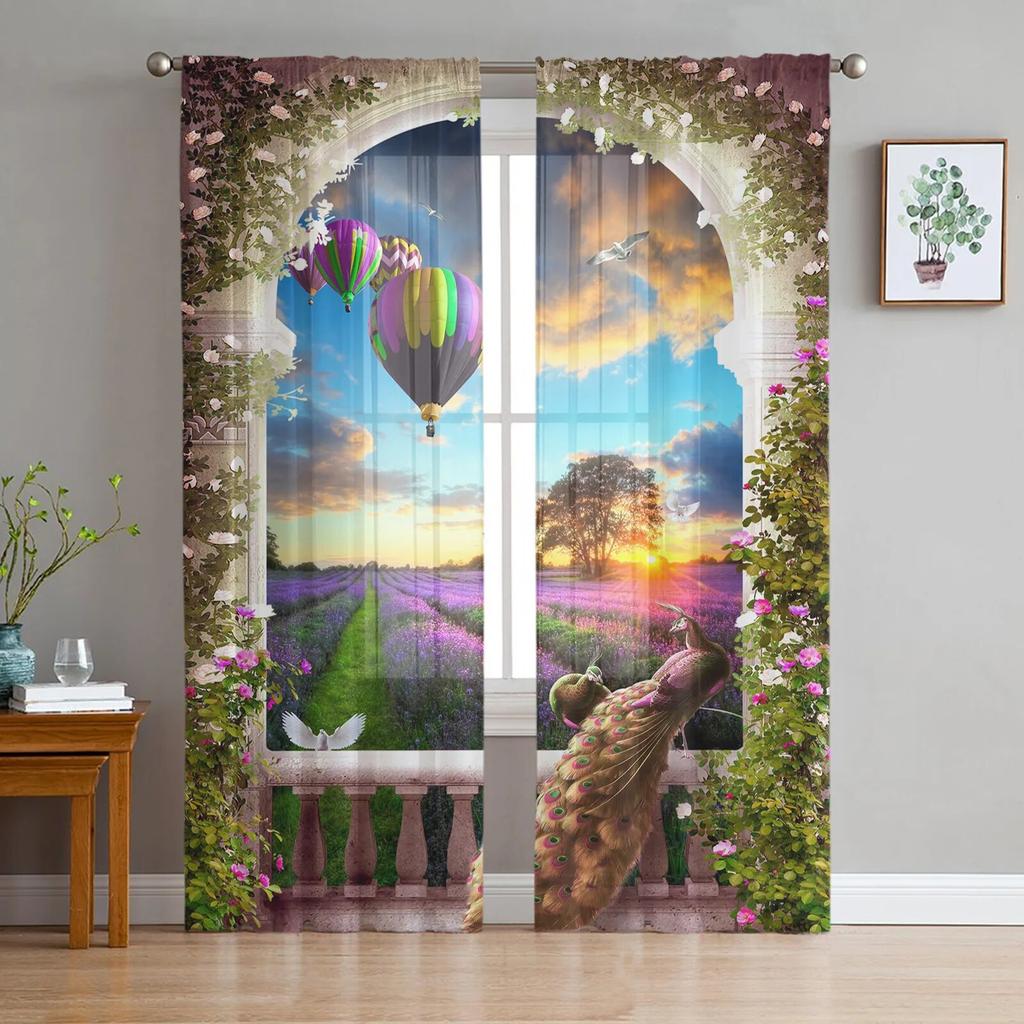 Peacock Feather Elegant White Tulle Curtains for Living Room Bedroom Decor Chiffon Sheer Voile Kitchen Window Curtain