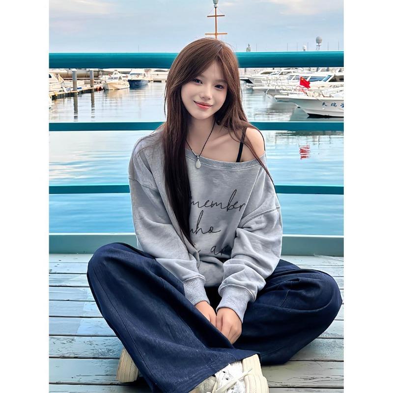 Korean Version of Minimalist Popular Sloping Shoulder Hoodie Women in Spring Autumn Loose Slimming Style Versatile