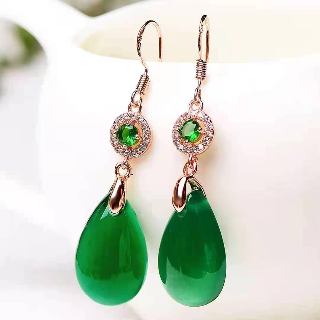 

Elegant 925 Silver Jade & Emerald Chalcedony Dangle Water Drop Earrings Gold Plated розового золота