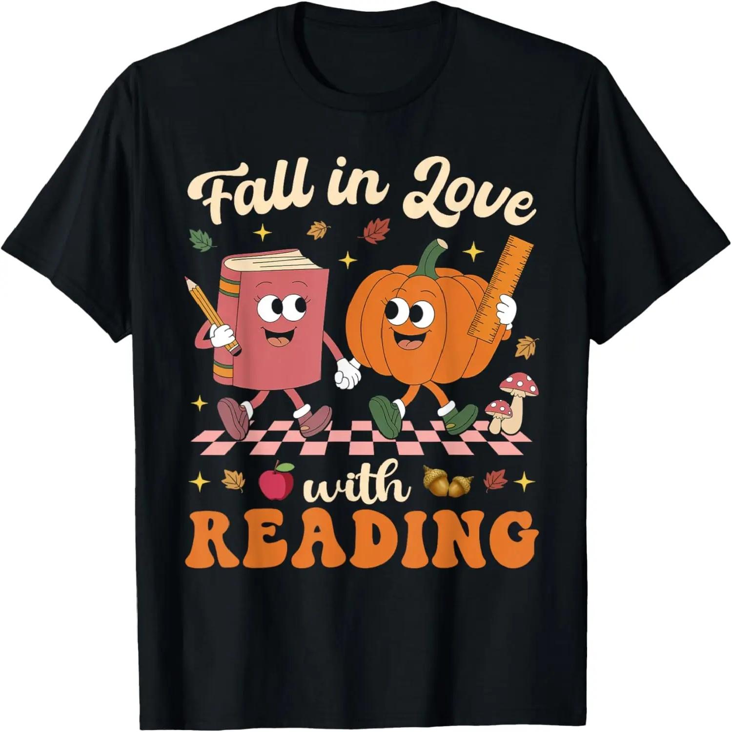 Fall In Love With Reading Retro Halloween Teacher Fall T-Shirt S