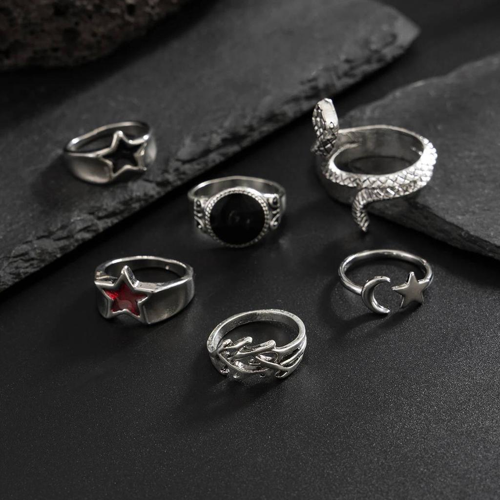 Salircon 6Pcs/set Gothic Snake Open Rings for Men Punk Creative Irregular Stars Adjustable Finger Ring Jewelry Halloween Gifts