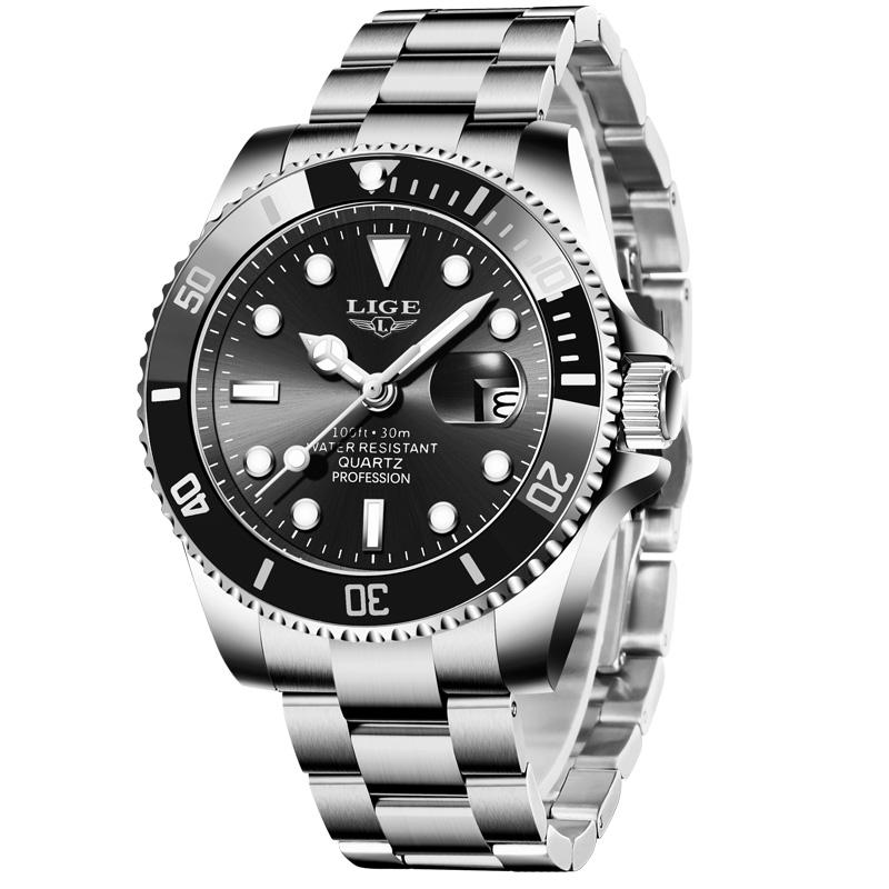 LIGE Mens Watches Business Stainless Steel Quartz Wristwatch 3ATM Waterproof Auto Date Male Clock Watch Man Reloj Hombre+Box