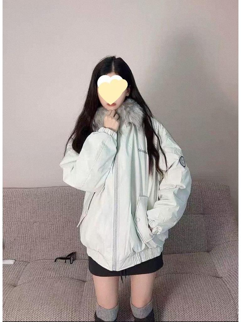 Mint Green Retro Fur Collar Parka - Thick Winter Coat for Women, Students, and Couples
