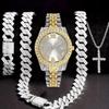 Luxury 4Pcs/Set Fully Iced Out Hip Hop Cross Cuban Chain Pendant Necklace Bracelet Quartz Watch for Men Women Jewelry