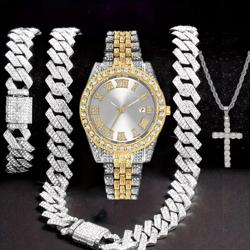 Luxury 4Pcs/Set Fully Iced Out Hip Hop Cross Cuban Chain Pendant Necklace Bracelet Quartz Watch for Men Women Jewelry