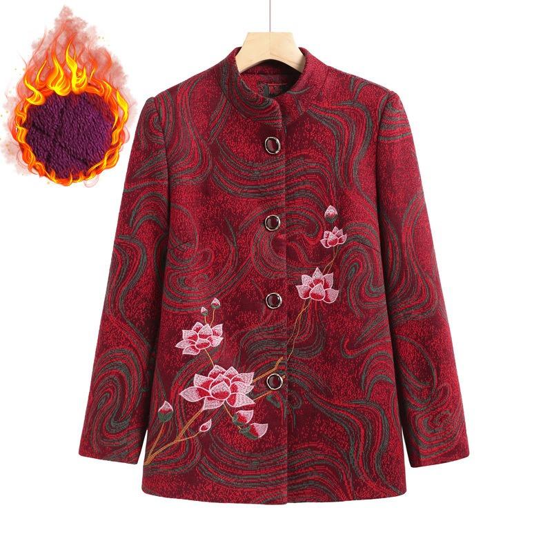 Women's Embroidered Jacket New Stand-Up Collar Top Winter Fleece Gown