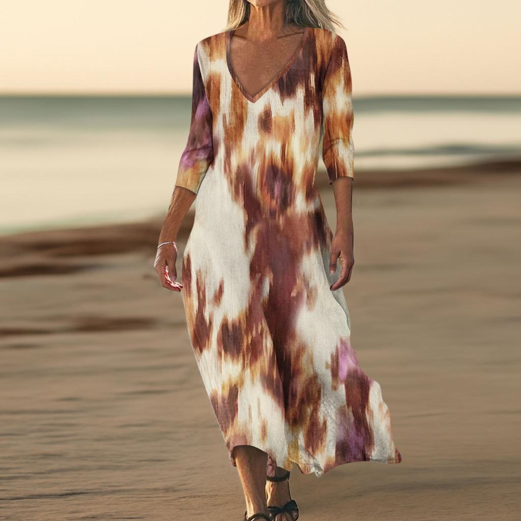 Dresses For Womens Vintage Print Tunic Waisted Midi Dress Summer Casual  3/4 Sleeve Dress
