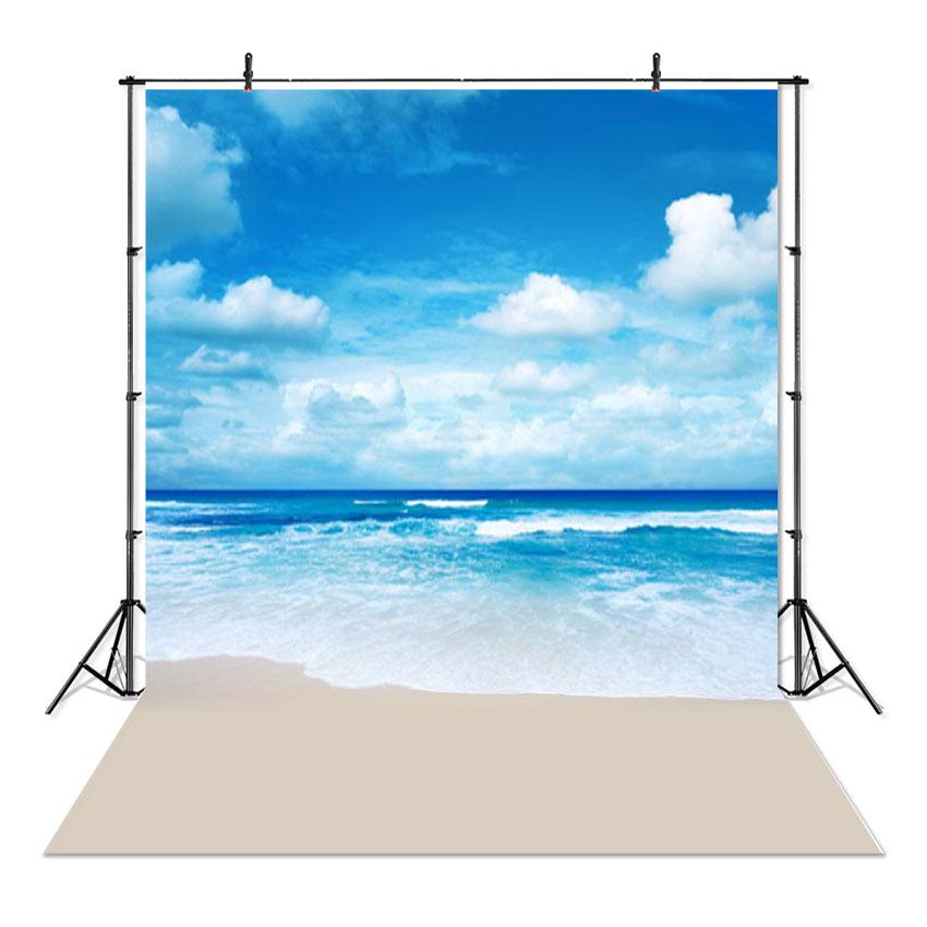 Sea Beach Sand Cloudy Blue Sky Scene Summer Beach Photography Backdrop for Photo Studio Tropical Palms Coconut Tree Background