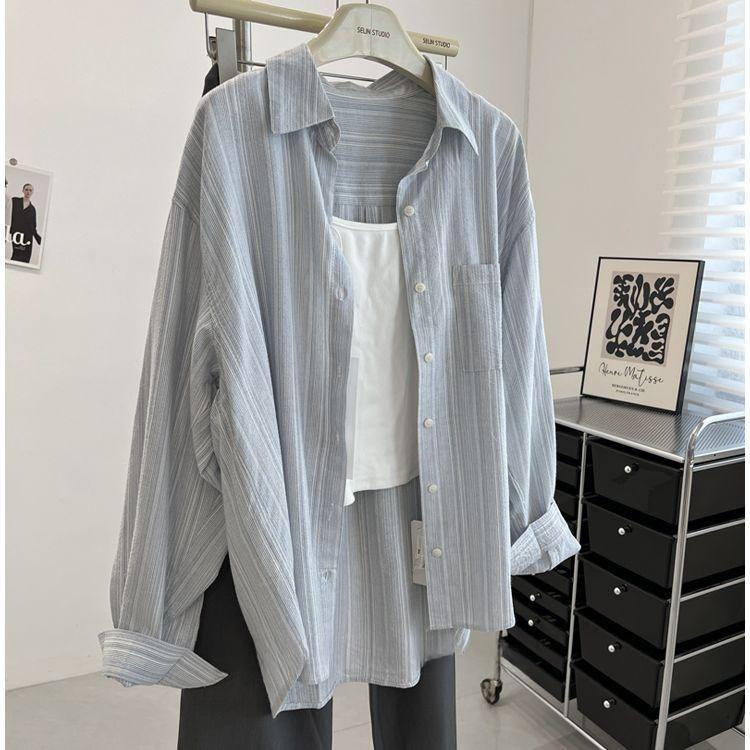 Casual Cotton Linen Stripe Shirt Thin Blue Loose Top Sun Protection Summer Casual Outerwear Versatile Women s 3XL