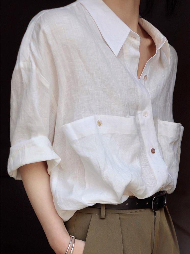 A Yousa linen white shirt women's summer new French retro big pocket design short-sleeved boyfriend style shirt