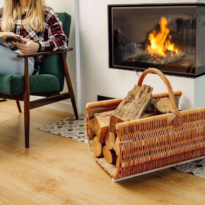 Panier à bûches - CREATIVE HOME - Cheminée Osier Ovale - Poignée - Osier 100% naturel - 60x45x50 cm