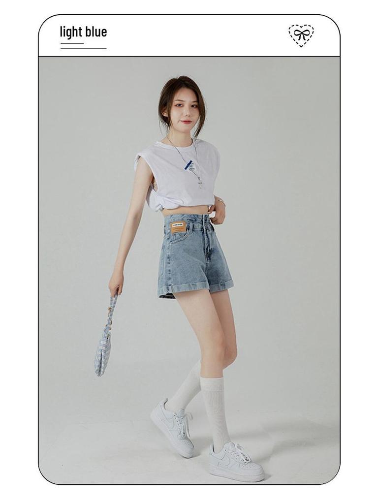 Women's High Waist Denim Shorts - Summer Thin Style, Double Button, Patchwork, Rolled Hem, A-line Wide Leg, Loose Fit, Slimming Hot Pants