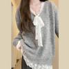 Women's Autumn Patchwork Lace Bow Long Sleeve Sweater - Casual & Sweet Style