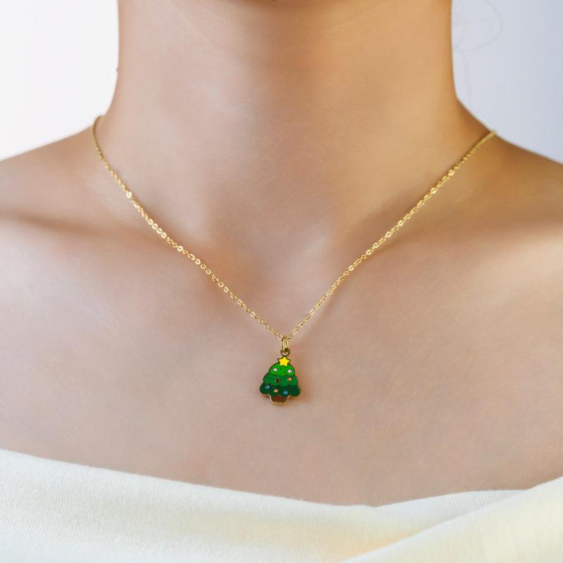 Titanium Steel 14K Gold Santa Claus Pendant Necklace - Cute Cartoon Christmas Series