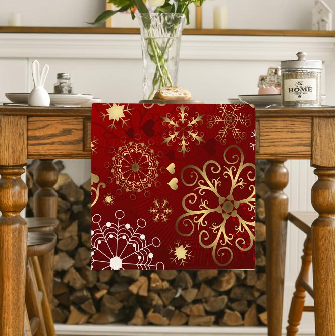 Linen Christmas Table Flag with Snowman & Santa Prints - Festive Table Mat Decorations