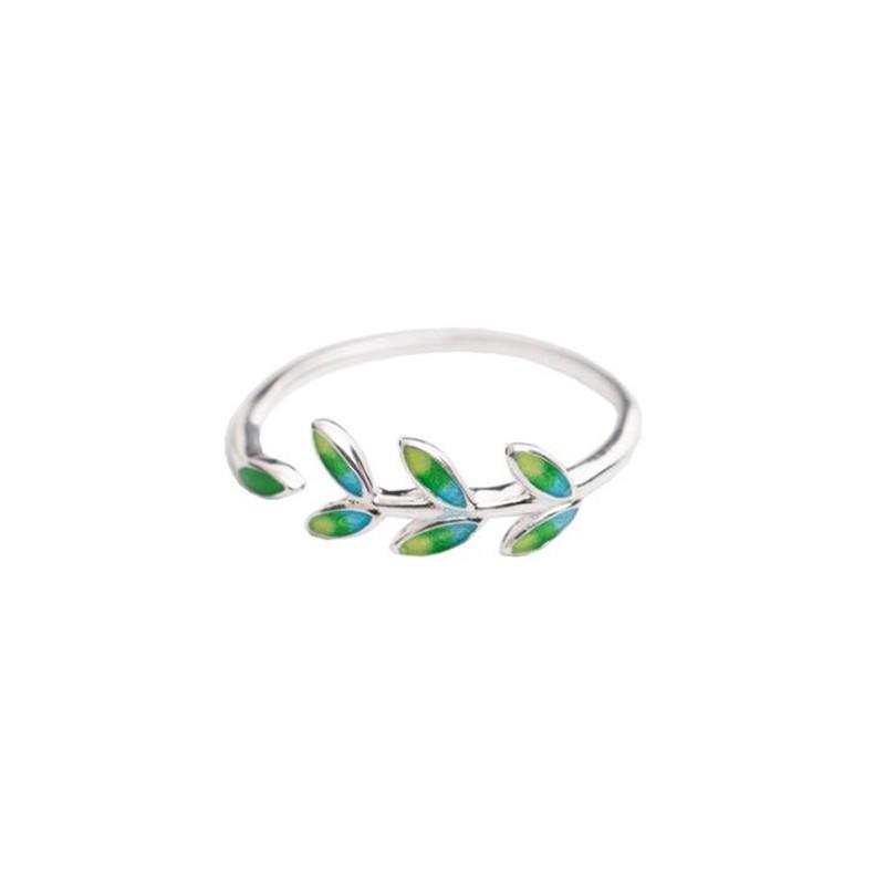 New Arrival Exquisite Green Leaf Epoxy Fashion 925 Silver Jewelry Atmosphere Creative Leaves Opening Rings R128